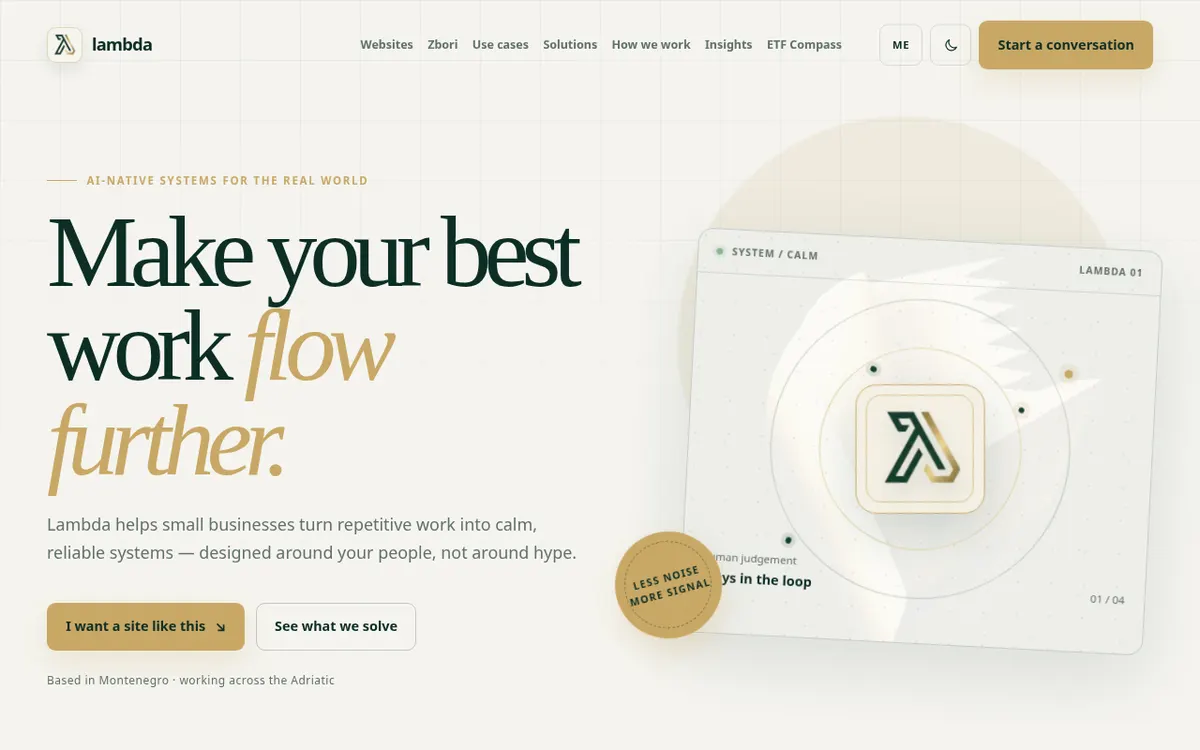 Lambda Software homepage in a desktop browser layout